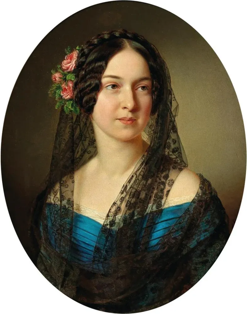 Maalaus Portrait d'une dame aux roses dans les cheveux - Anton Einsle | Taidetuloste