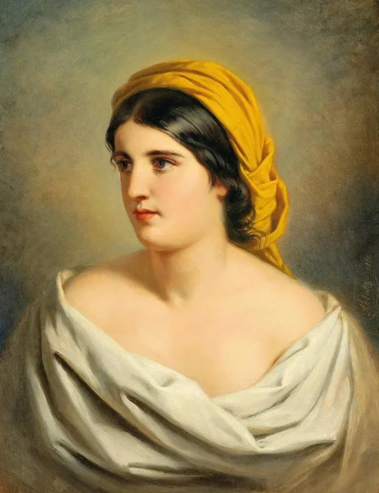 Maalaus Portrait d'une femme au foulard jaune - Anton Ebert | Taidetuloste
