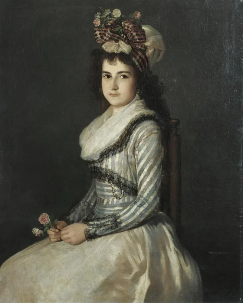 Maalaus Portrait d'une jeune femme tenant deux roses - Agustín Esteve y Marqués | Taidetuloste