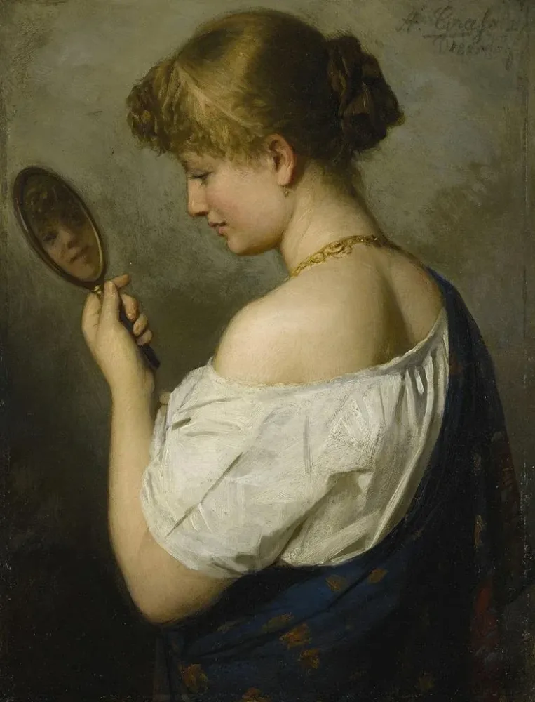 Maalaus Portrait d'une jeune fille avec miroir - Adolf Joseph Grass | Taidetuloste