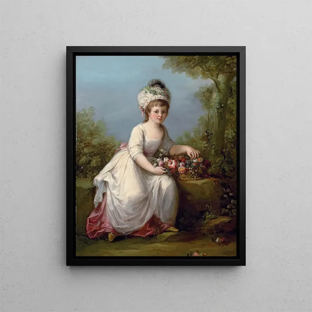 Maalaus Portrait d'une jeune fille en pied assise dans une robe blanche avec un panier de fleurs dans un paysage - Angelic...