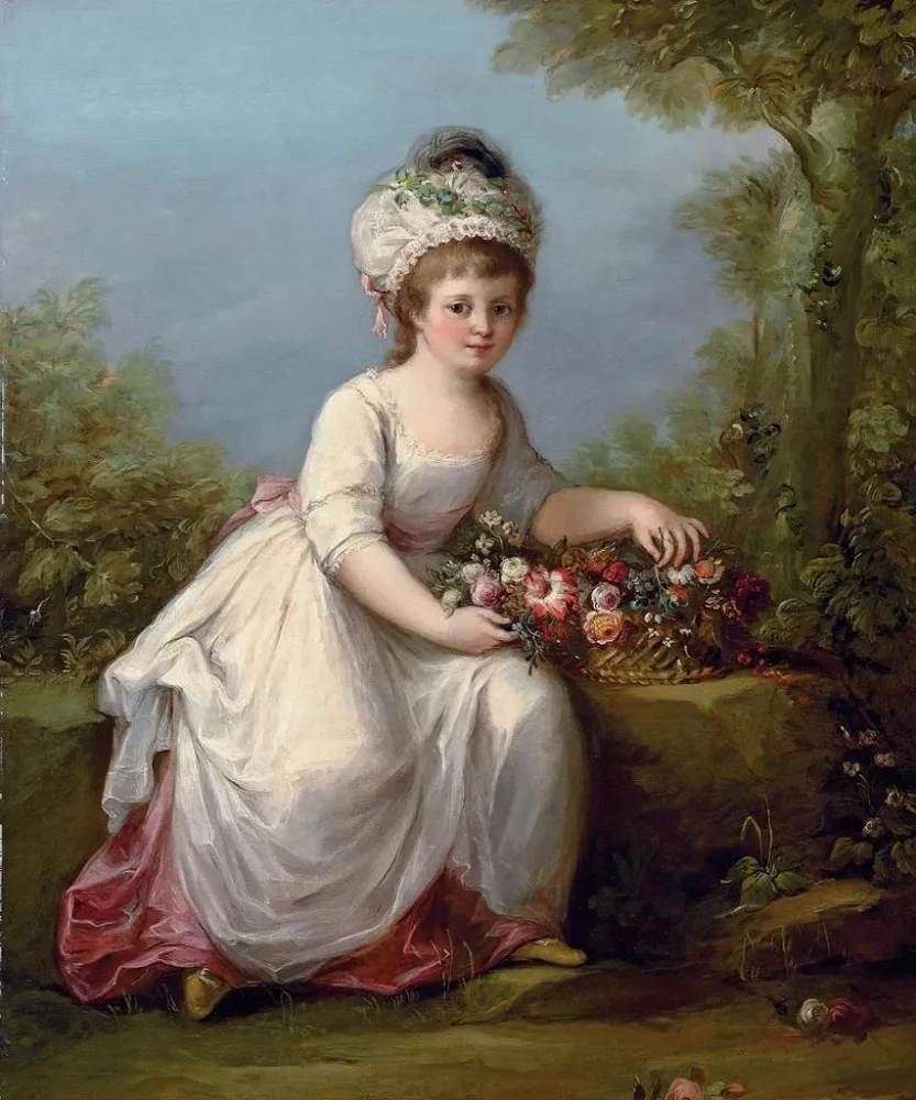 Maalaus Portrait d'une jeune fille en pied assise dans une robe blanche avec un panier de fleurs dans un paysage - Angelic...