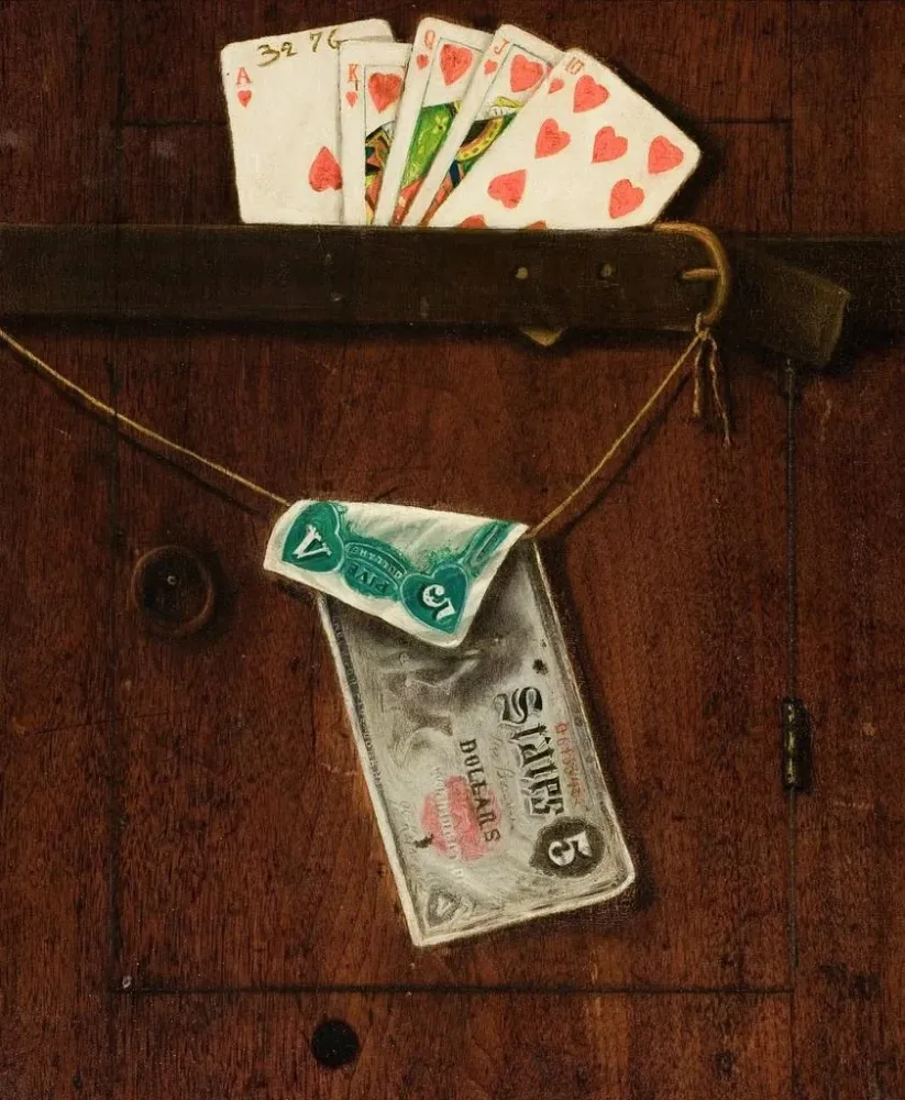 Maalaus Quinte flush royale et billet de cinq dollars - École Américaine