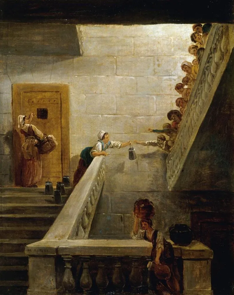 Maalaus Le Ravitaillement des prisonniers à la prison de Saint - Lazare - Hubert Robert | Taidetuloste