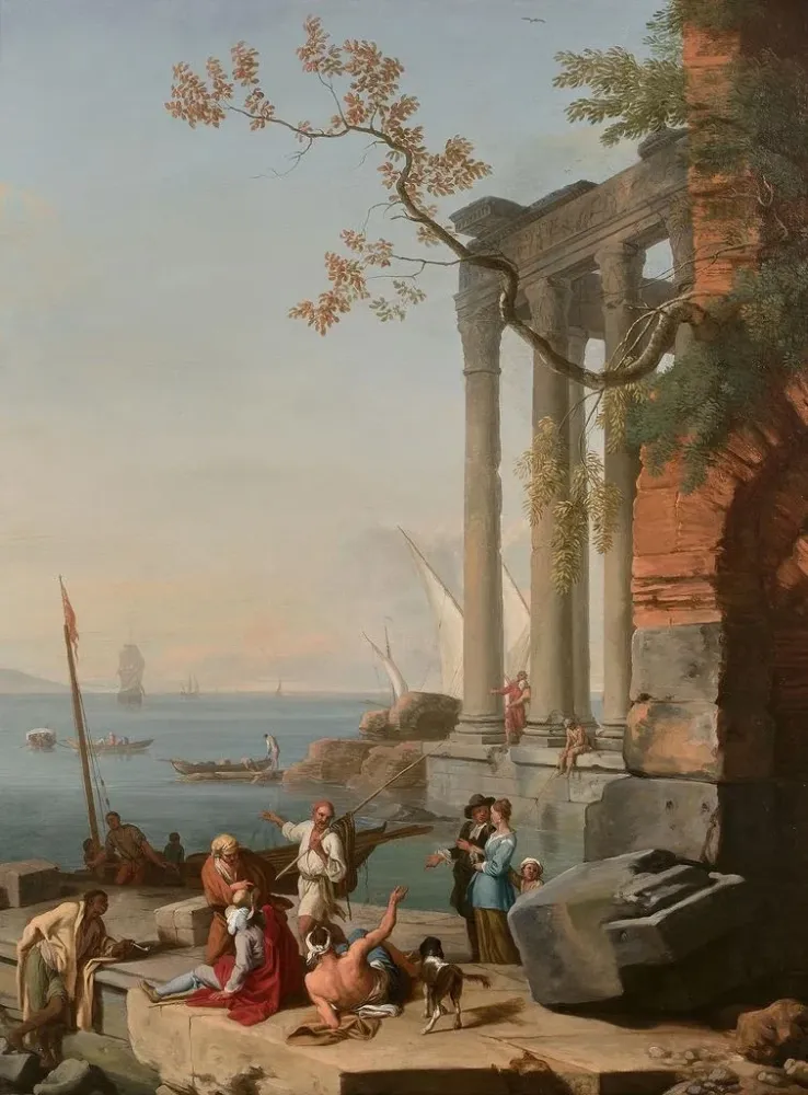 Maalaus Rivage méditerranéen animé de marchands - Adrien Manglard | Taidetuloste