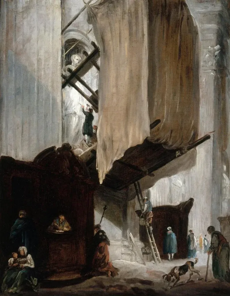 Maalaus Sculpteur travaillant la statue d'un saint, Saint - Pierre de Rome - Hubert Robert | Taidetuloste