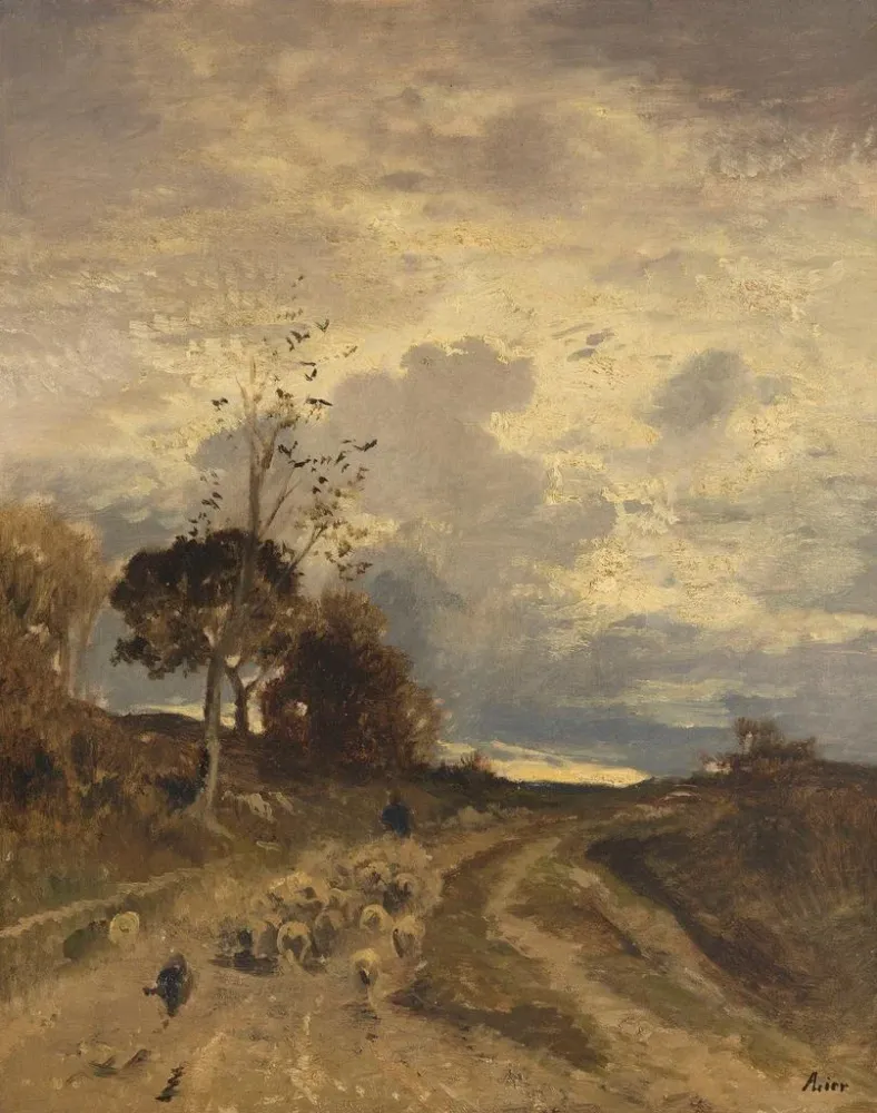 Maalaus Syksyinen maisemakuva illalla, jossa lammaslauma palaa - Adolf Heinrich Lier | Taidetuloste