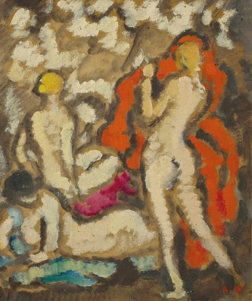 Maalaus Trois jeunes femmes nues à la draperie rouge - Louis Valtat | Taidetuloste