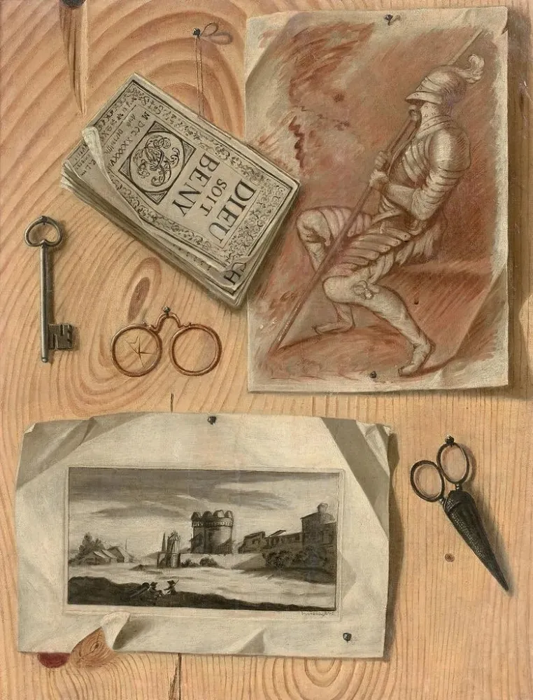 Maalaus Trompe - l'œil au dessin représentant un soldat assis - Gaspard Gresly | Taidetuloste