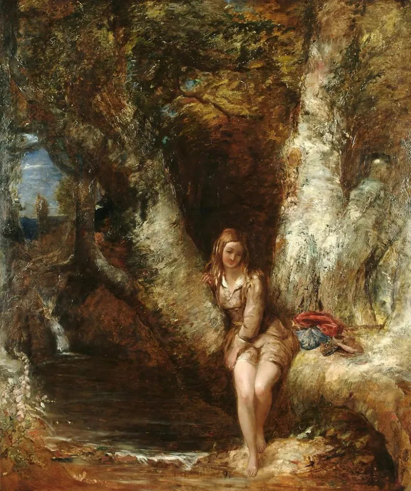 Maalaus Tyttö istuu edessään puu-uima-allas - Alfred Joseph Woolmer | Taidetuloste