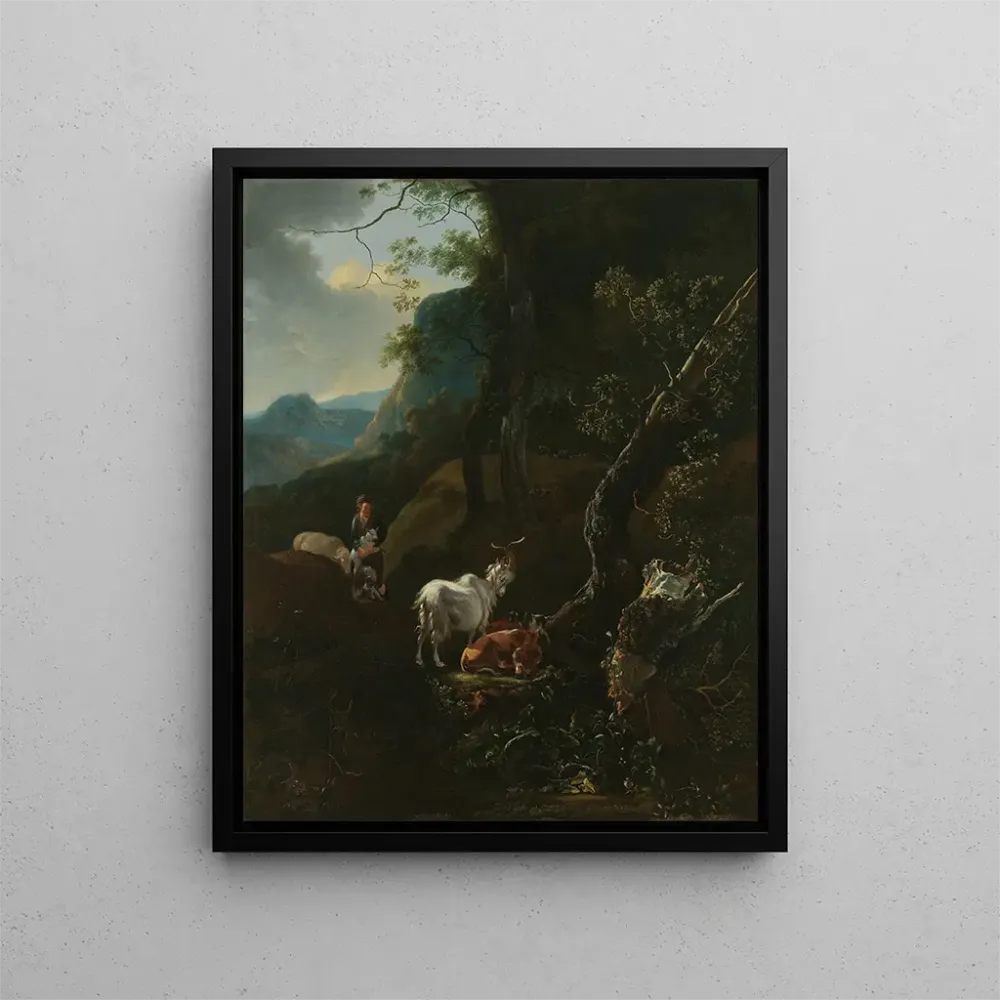 Maalaus Une bergère avec des animaux dans un paysage montagneux - Adam Pynacker | Taidetuloste