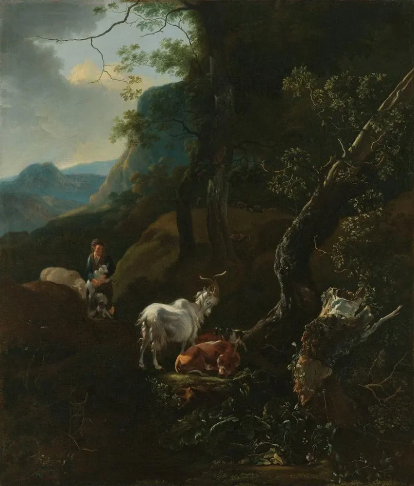 Maalaus Une bergère avec des animaux dans un paysage montagneux - Adam Pynacker | Taidetuloste