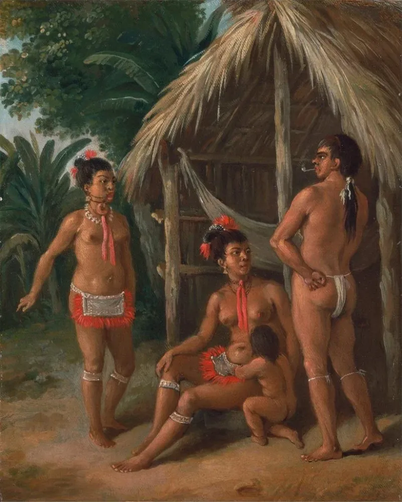 Maalaus Une famille caraïbe des îles Sous-le-Vent à l'extérieur d'une hutte - Agostino Brunias | Taidetuloste