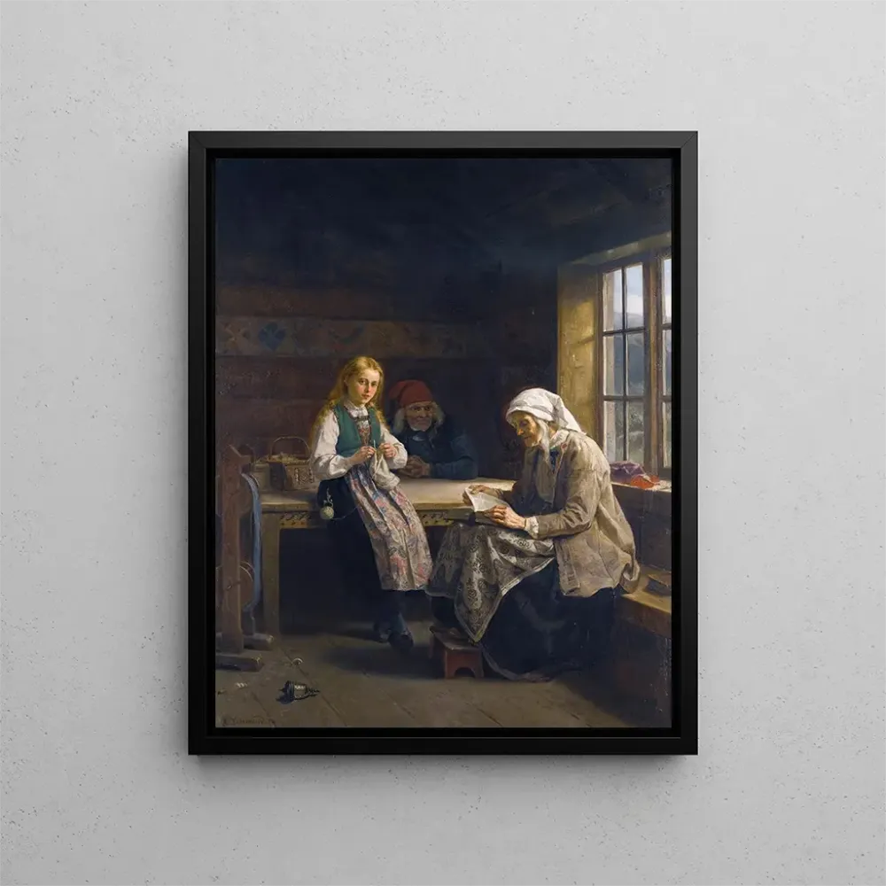 Maalaus Une jeune fille tricotant dans un intérieur Hardanger - Adolph Tidemand