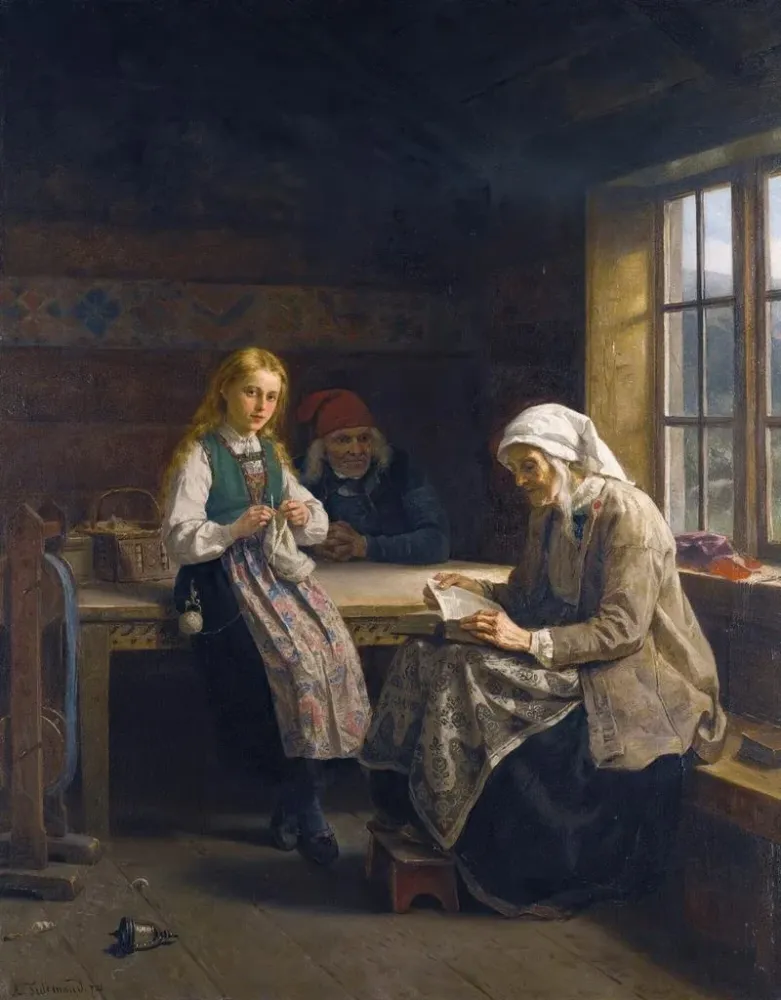 Maalaus Une jeune fille tricotant dans un intérieur Hardanger - Adolph Tidemand