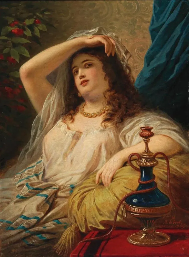 Maalaus Une odalisque avec une pipe à eau - Anton Ebert | Taidetuloste