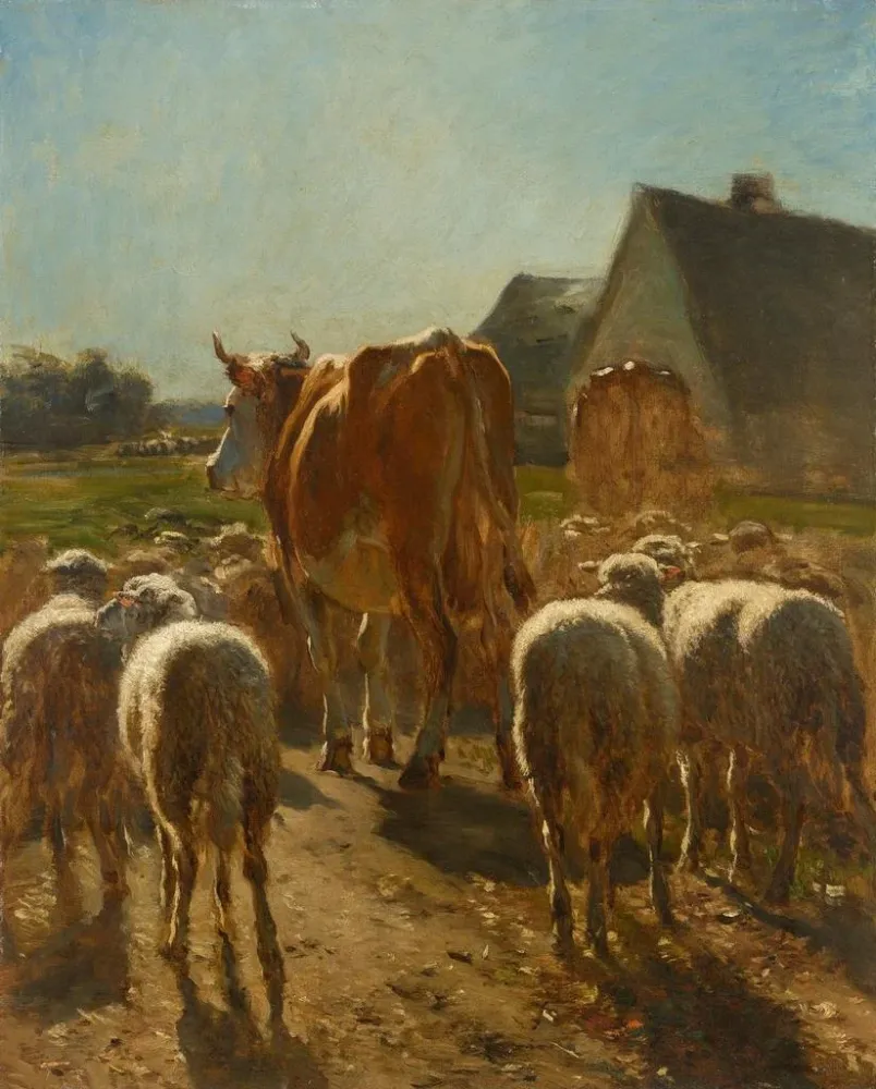 Maalaus Vaches et moutons rentrant à la ferme, effet de soleil - Constant Troyon | Taidetuloste