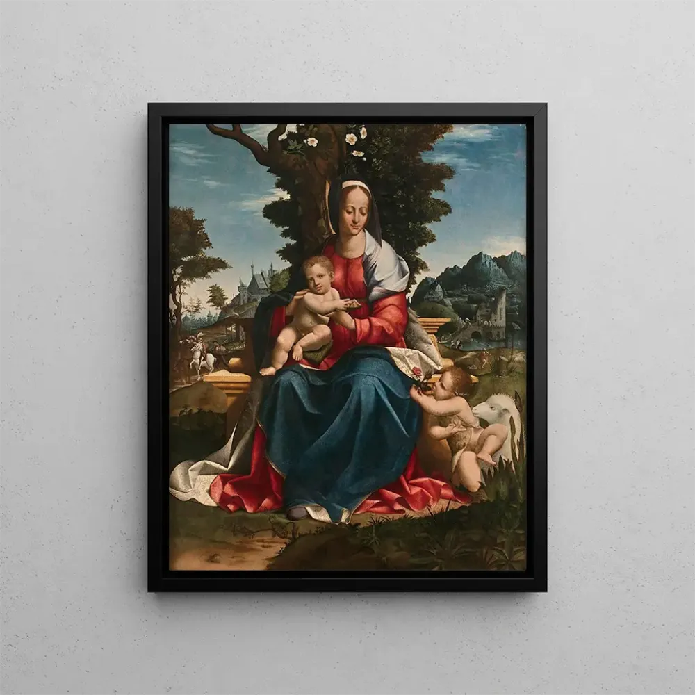Maalaus La Vierge à l’Enfant avec saint Jean - Baptiste dans un paysage - Girolamo Alibrandi | Taidetuloste