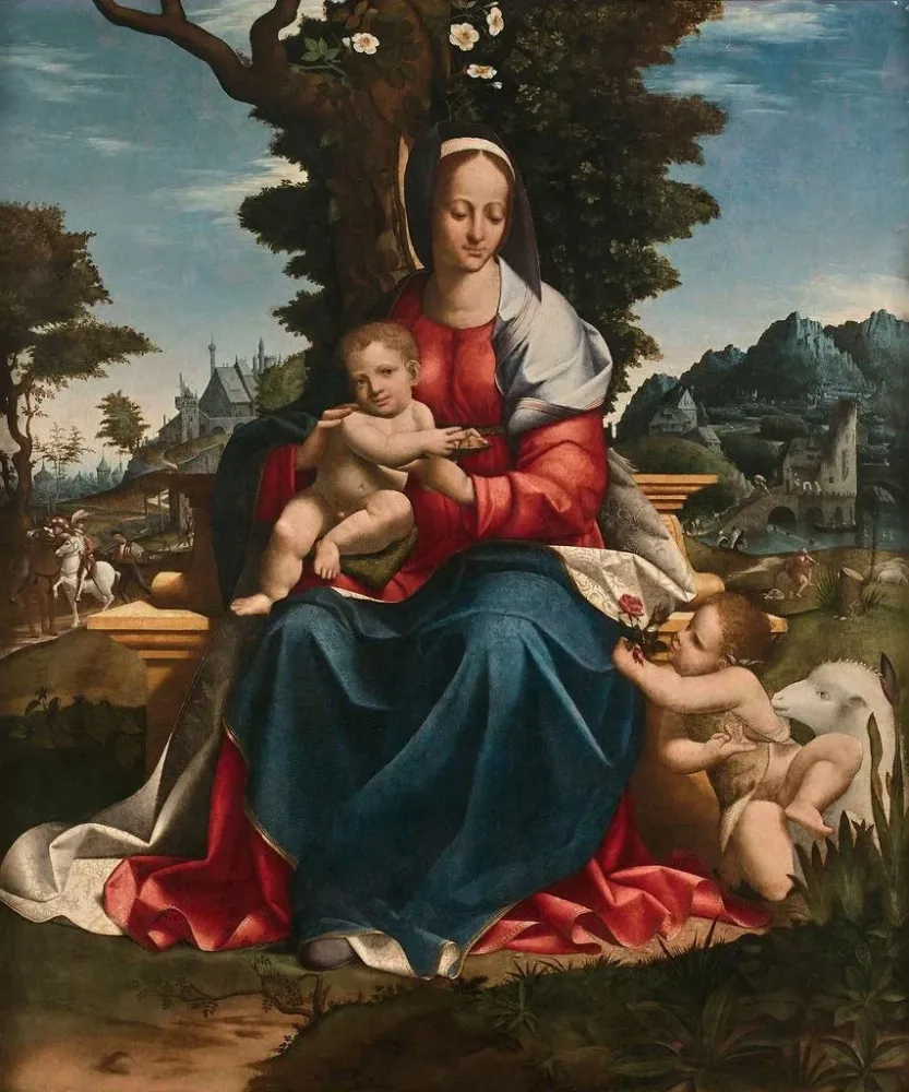 Maalaus La Vierge à l’Enfant avec saint Jean - Baptiste dans un paysage - Girolamo Alibrandi | Taidetuloste