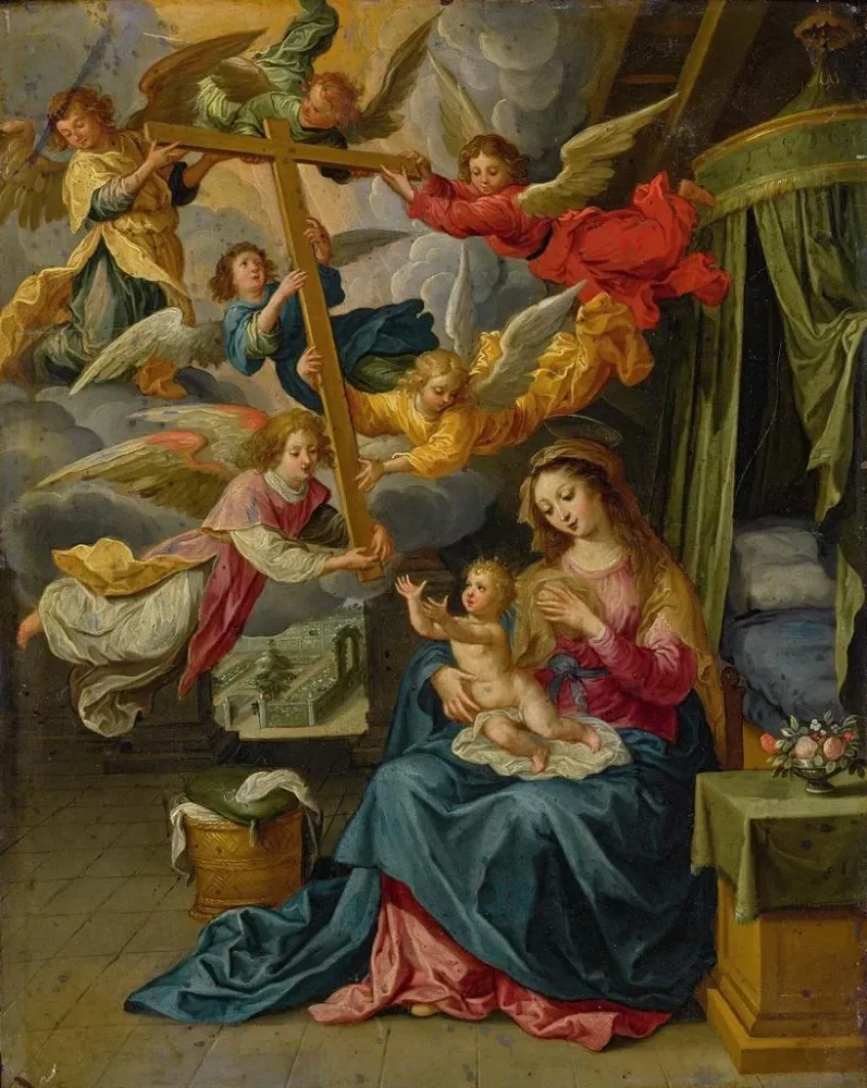 Maalaus Vierge à l'Enfant avec six anges portant la croix - Anonyme | Taidetuloste