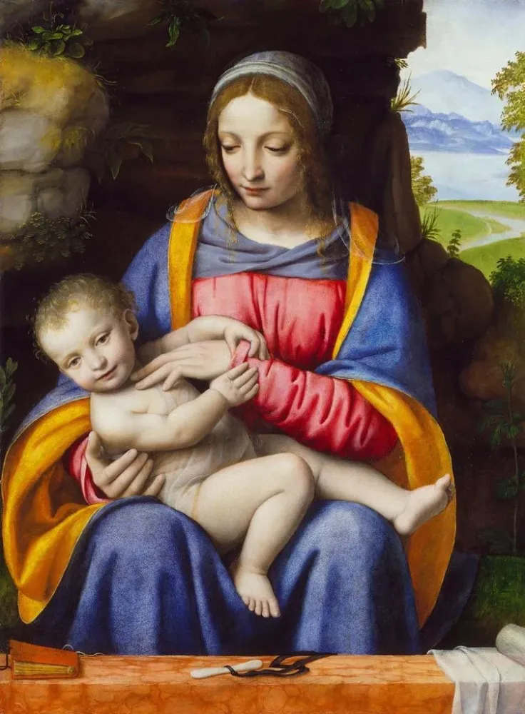 Maalaus La Vierge à l'Enfant dans un paysage - Bernardino Luini | Taidetuloste