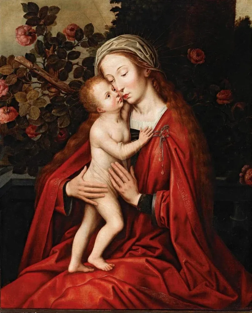Maalaus La Vierge à l'Enfant dans une roseraie - Atelier d'Ambrosius Benson | Taidetuloste