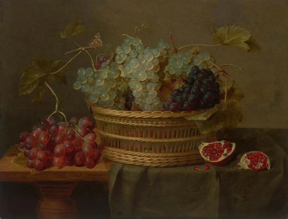 Maalaus Viinirypäle- ja granaattiomena-astia pöydällä - Jacob van Hulsdonck | Taidetuloste