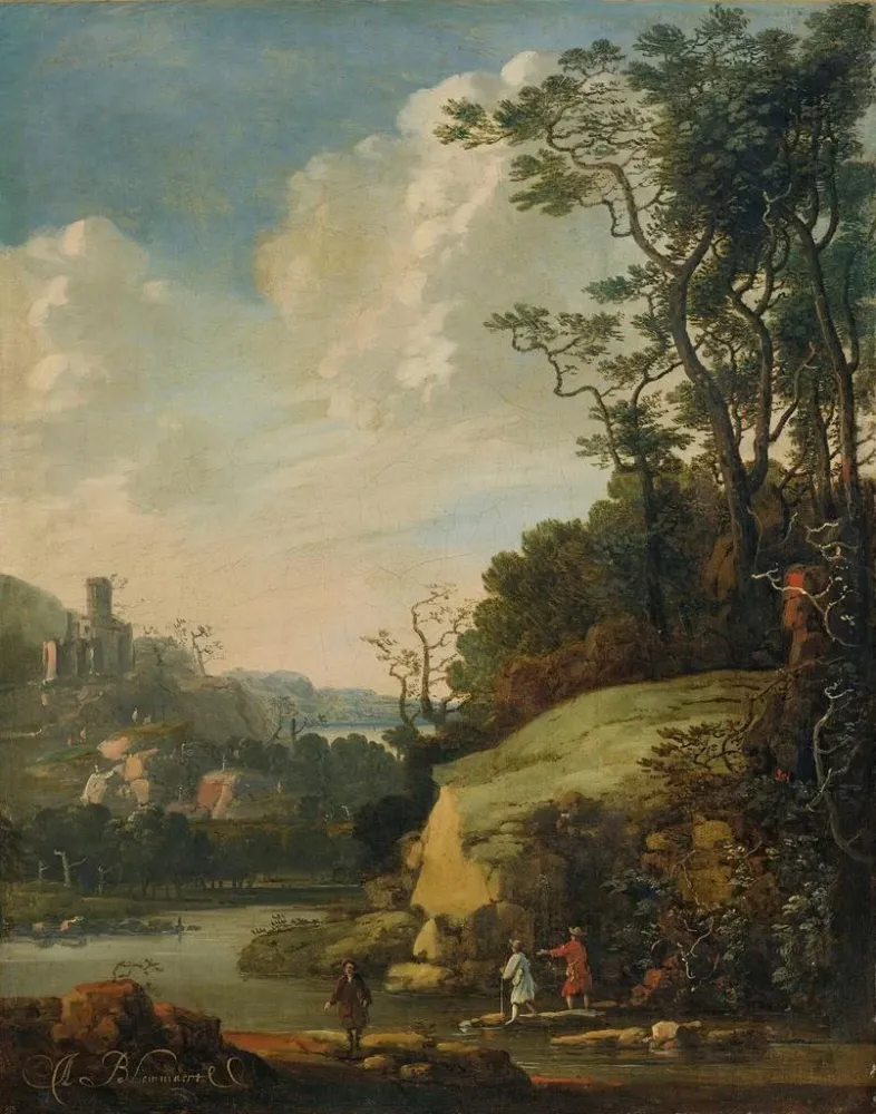 Maalaus Väljä maisema, jossa hahmoja joen rannalla - Abraham Bloemaert | Taidetuloste