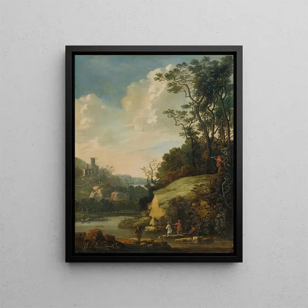 Maalaus Väljä maisema, jossa hahmoja joen rannalla - Abraham Bloemaert | Taidetuloste