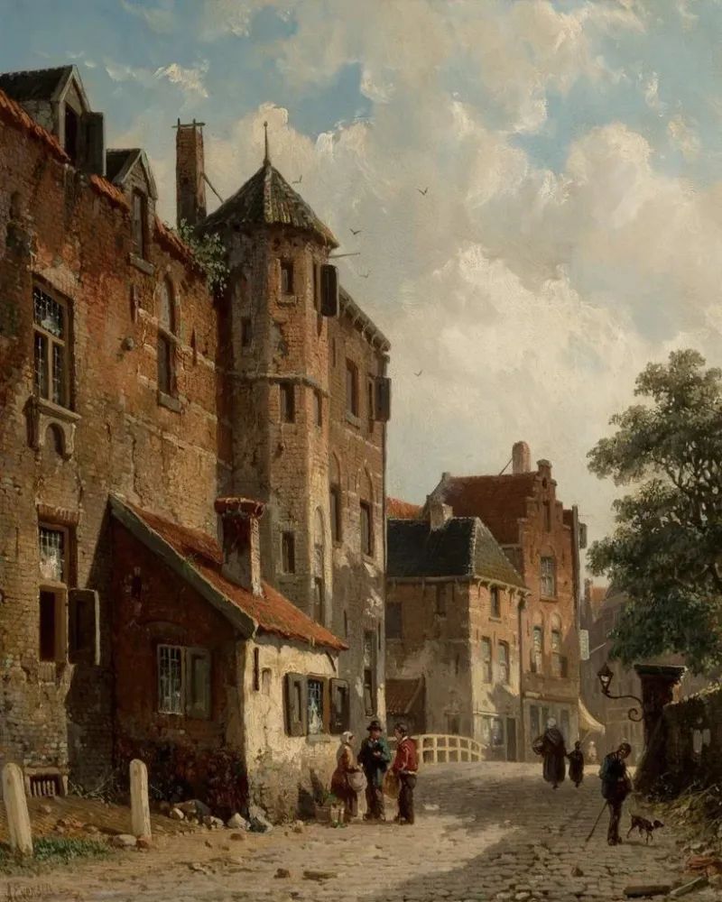 Maalaus Vue d'une scène de rue néerlandaise ensoleillée - Adrianus Eversen | Taidetuloste