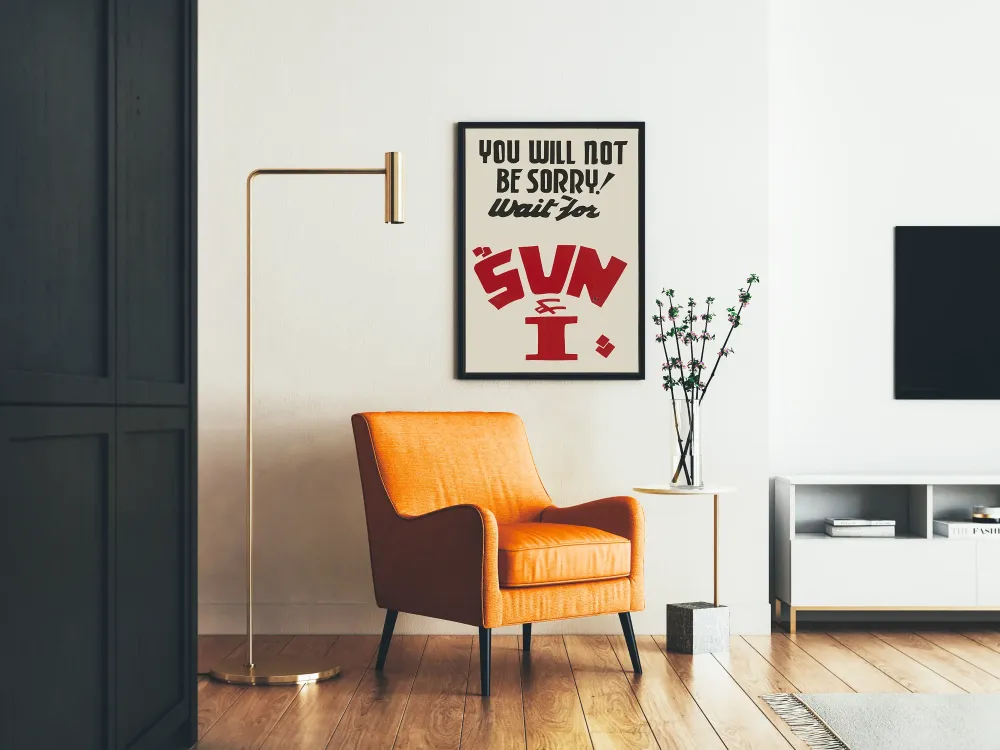 Minimalistinen typografinen juliste Sun & I mustavalkoisena ja punaisena