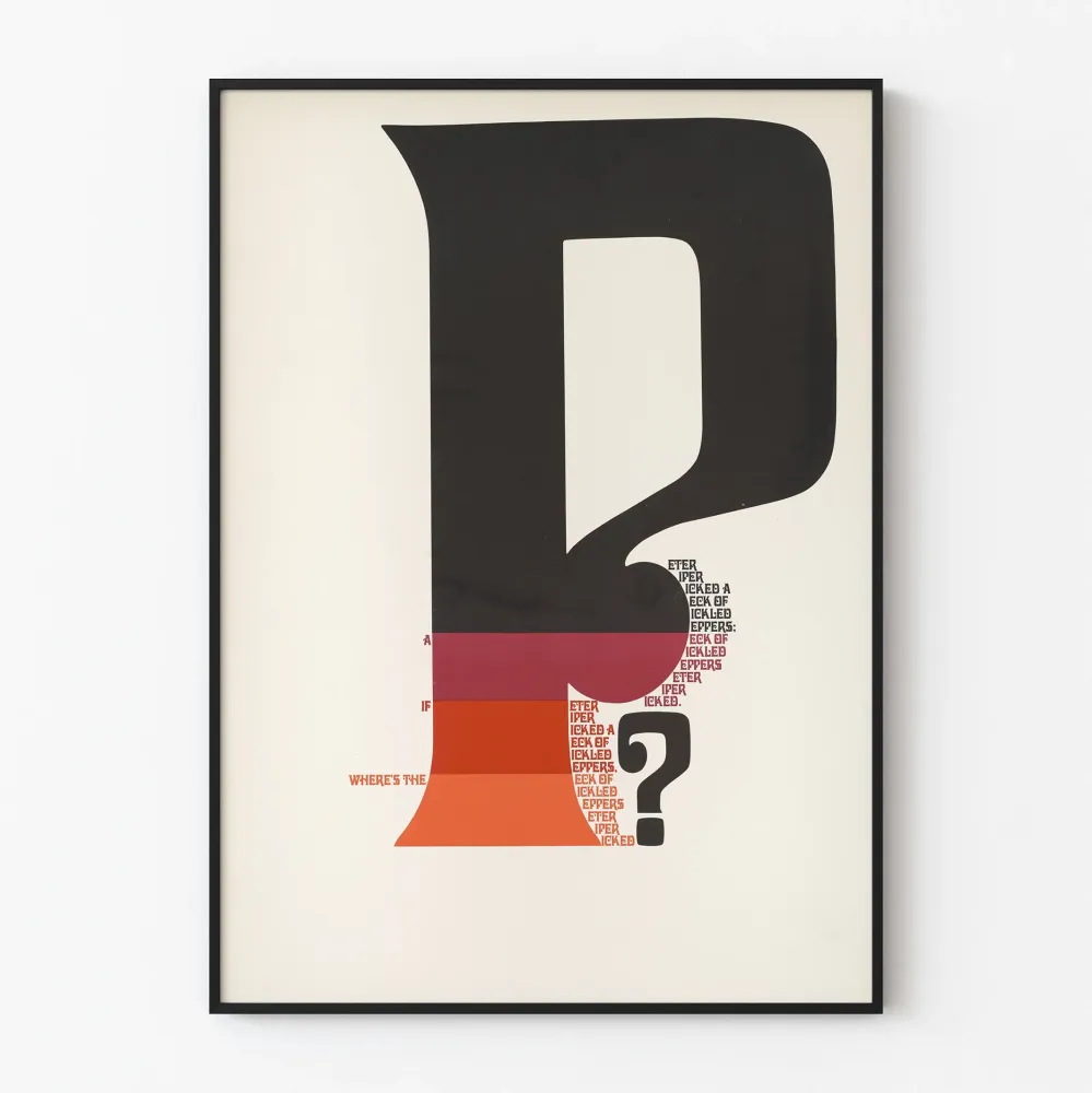 Moderni typografinen juliste 'Where's P?' seinäkoristukseen