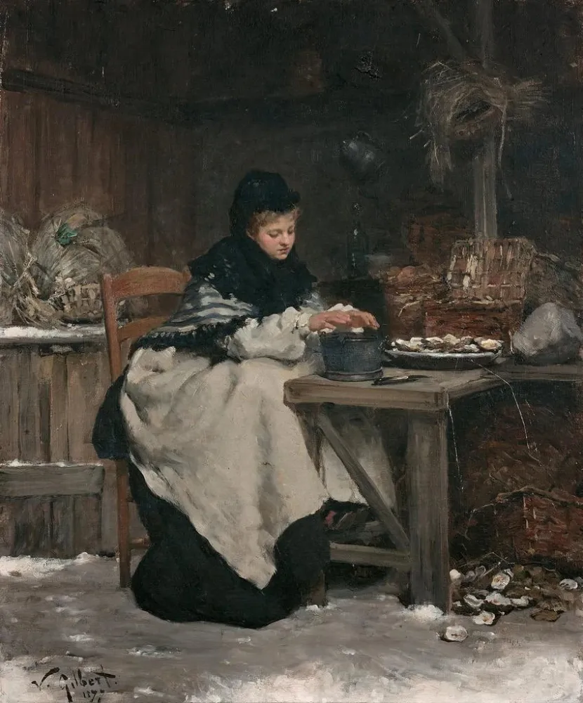 Nainen istuu pöydän ääressä, lämmittelee käsiään avattuaan osterit - Victor Gabriel Gilbert | Taidetuloste