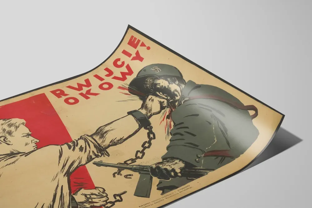 Natsi-vastainen propagandajuliste - Natsisotilaan kahleeseen sidottu nyrkki vastaan
