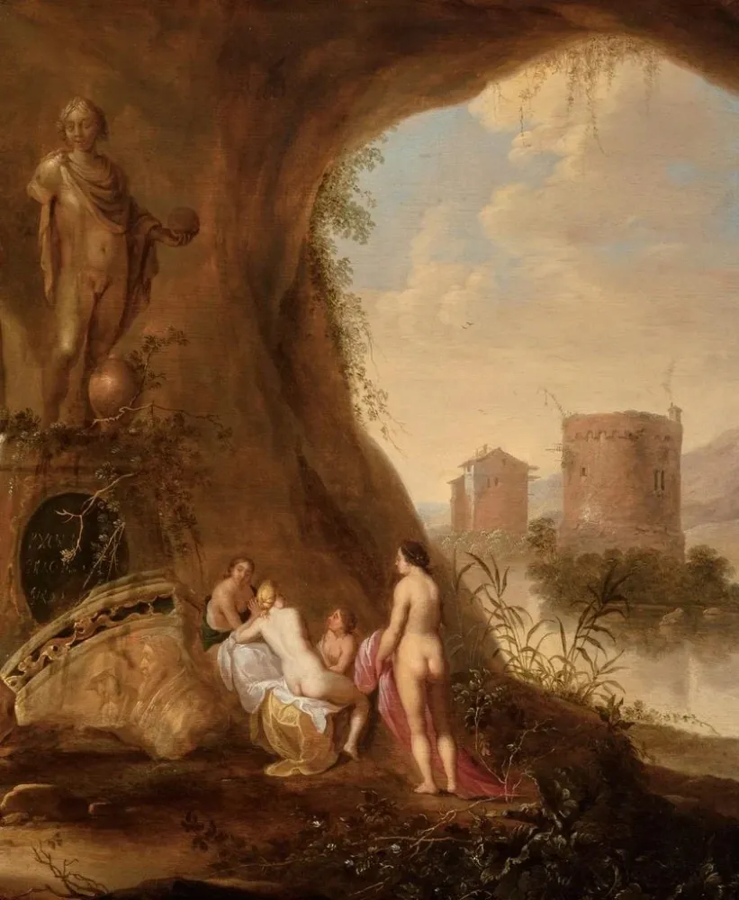 Nymphe dans une grotte près d'une statue ruinée - Abraham van Cuylenborch | Taidetuloste