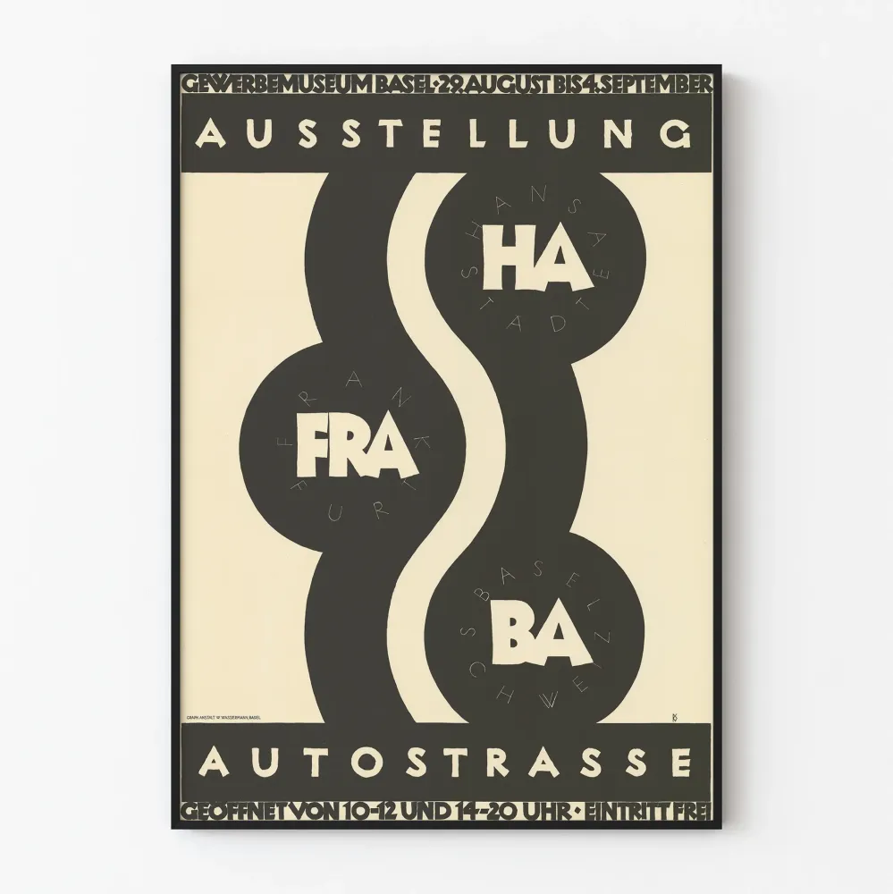 Näyttelyjuliste Autostrasse Gewerbemuseum Baselissa
