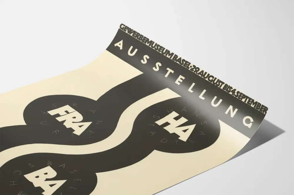 Näyttelyjuliste Autostrasse Gewerbemuseum Baselissa
