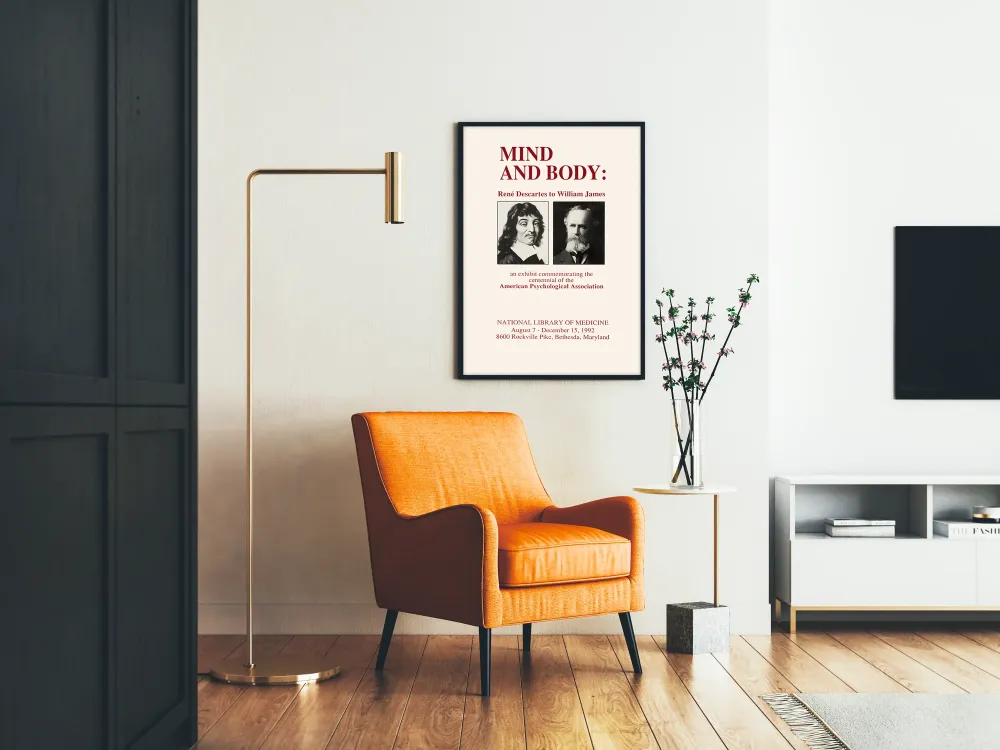 Näyttelyjuliste Mieli ja keho René Descartes ja William James