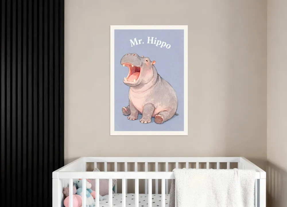 Vauvahuoneen virtahepo seinätaide – Hauska suuri elä vesivärijuliste vauvanhuoneeseen Posterscape Creative Studio