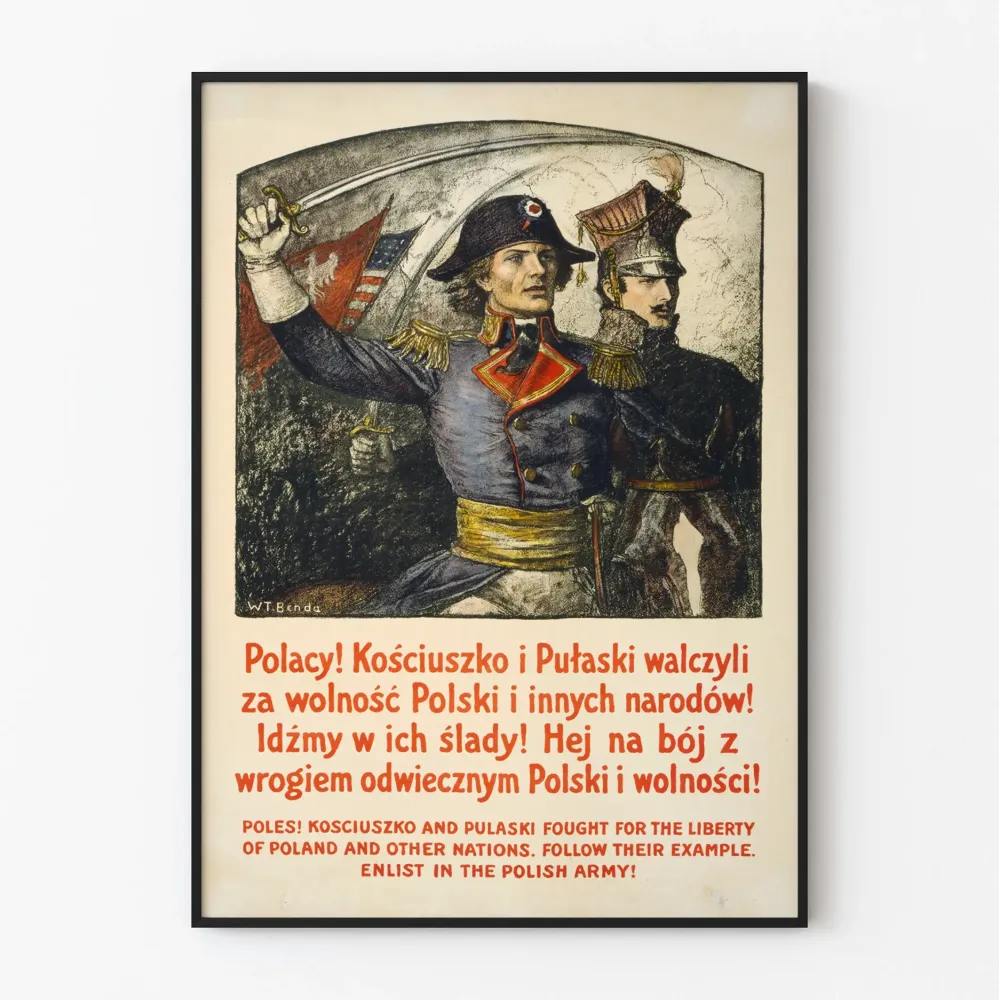 Puolalainen historiallinen sotilaspropagandajuliste Kosciuszko ja Pulaski