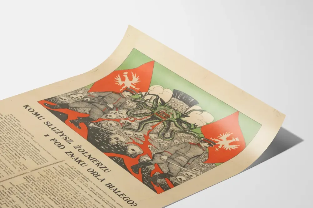 Puolalainen sotilaallinen propagandajuliste, jossa on sotilaita ja tuntosarvilla varustettu olento