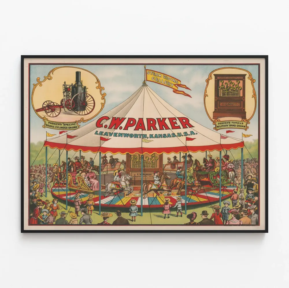 Retro juliste höyrykaruselli ja sotilaspuhallin C.W. Parker