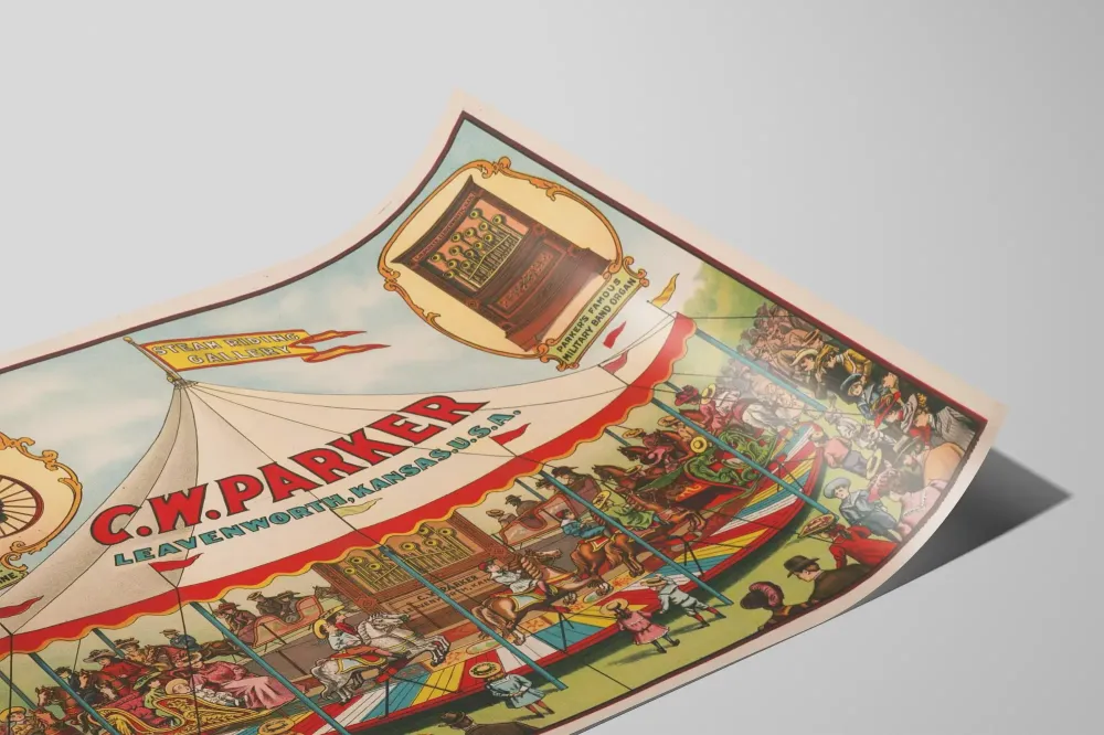 Retro juliste höyrykaruselli ja sotilaspuhallin C.W. Parker