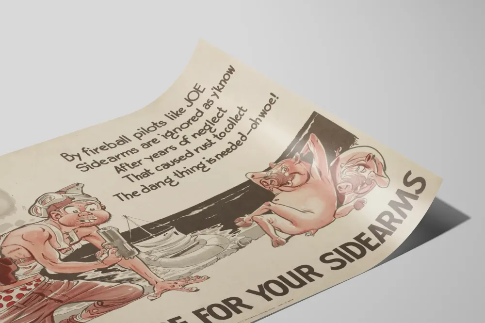 Retro sotilaspoliisin juliste: Huolehdi sivuttaispistooleistasi