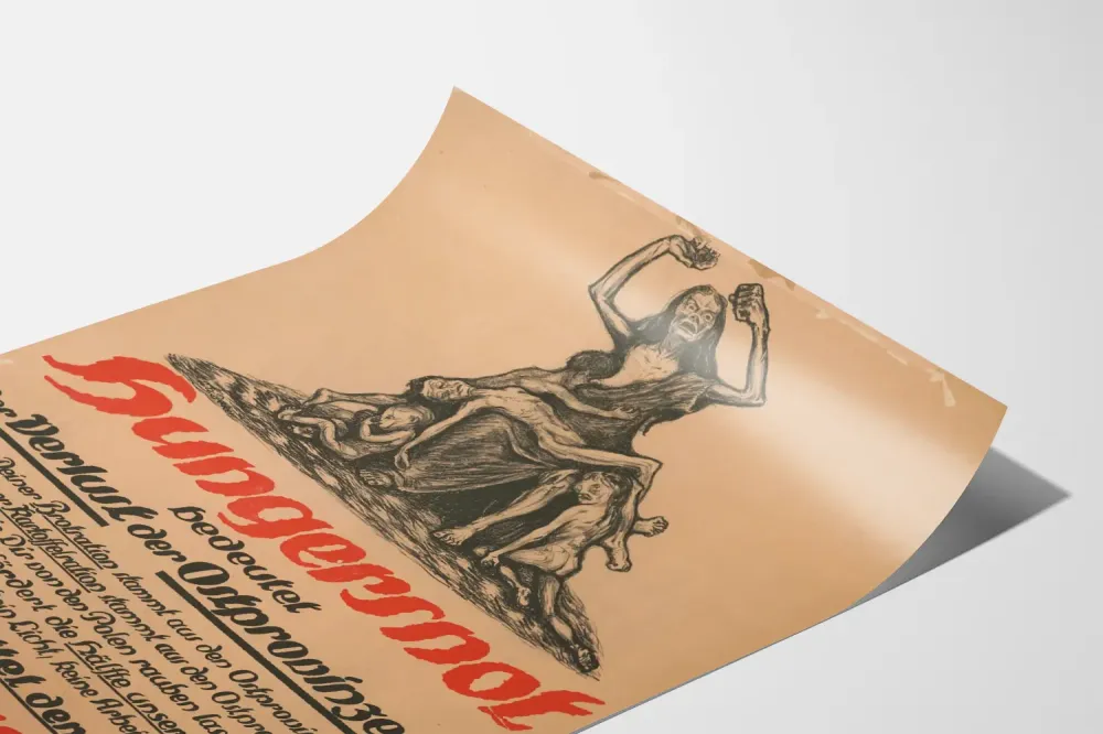Saksalainen propagandajuliste nälästä ja itäisten maakuntien menetyksestä