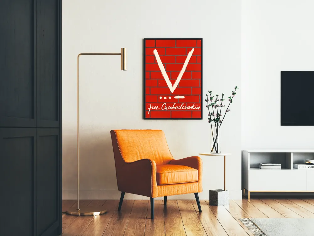 Seinäjuliste vapaa Tšekkoslovakia-Design V valkoinen punatiiliseinän päällä