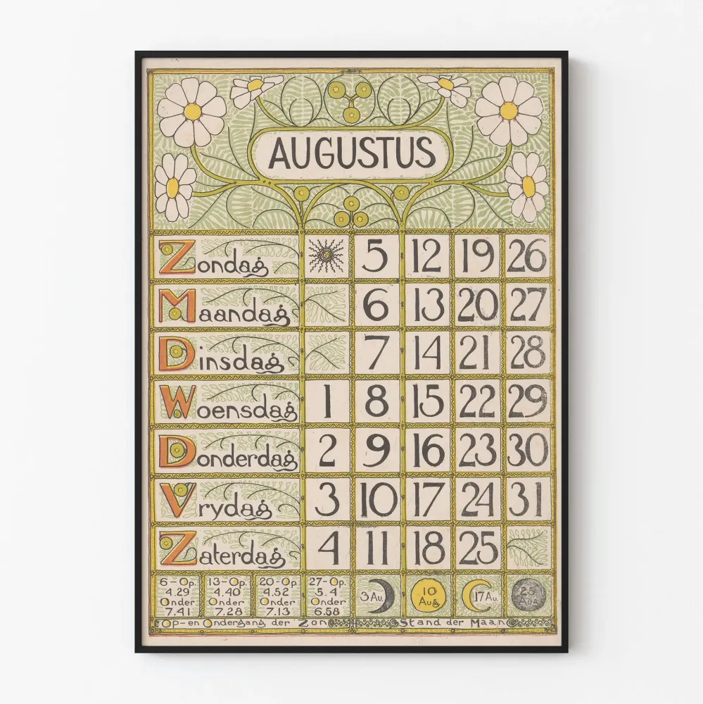 Seinäkalenteri elokuu 1900, vintage-tyyli, Art Nouveau