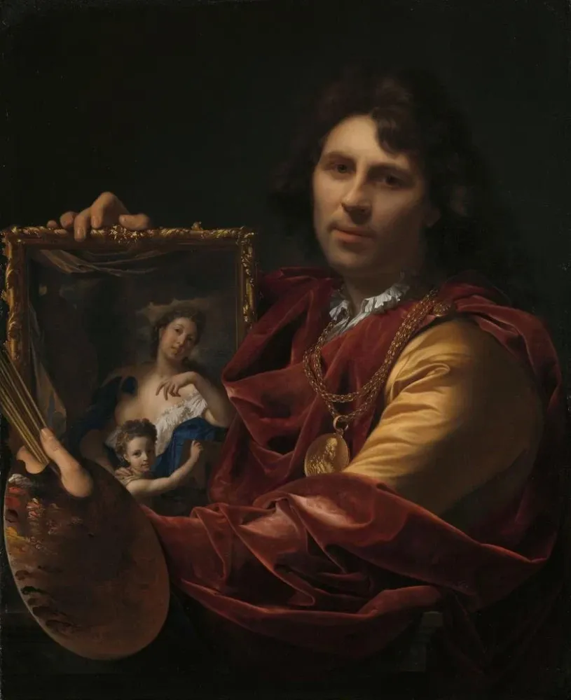 Taidetuloste Autoportrait avec le portrait de sa femme Margaretha van Rees et de leur fille Maria - Adriaen van der Werff