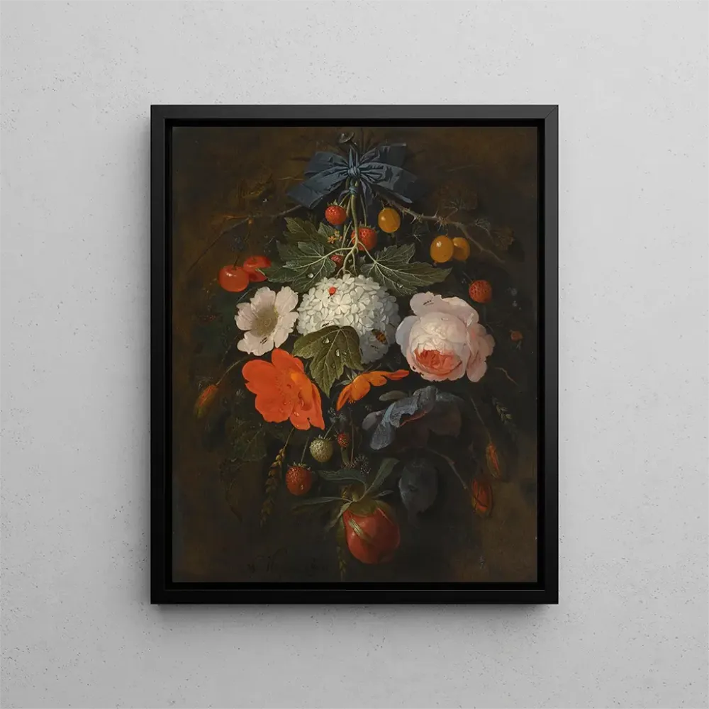 Taidetuloste Une guirlande de fleurs et de fruits comprenant une rose rose, un coquelicot, une boule de neige, des groseil...