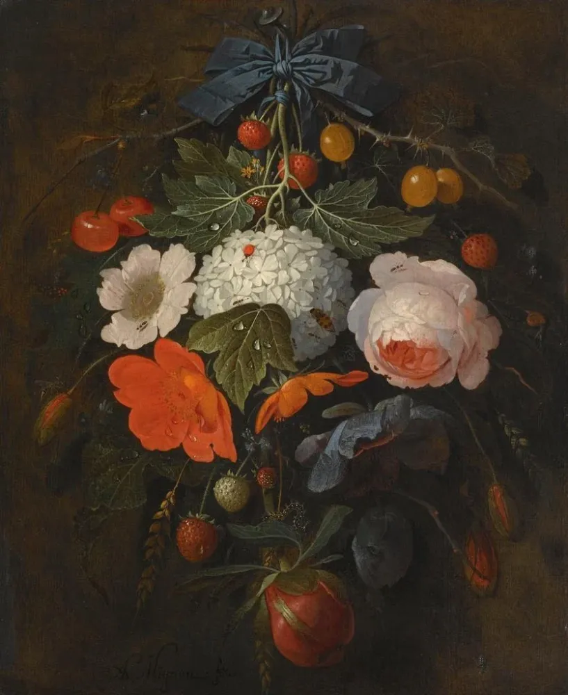 Taidetuloste Une guirlande de fleurs et de fruits comprenant une rose rose, un coquelicot, une boule de neige, des groseil...